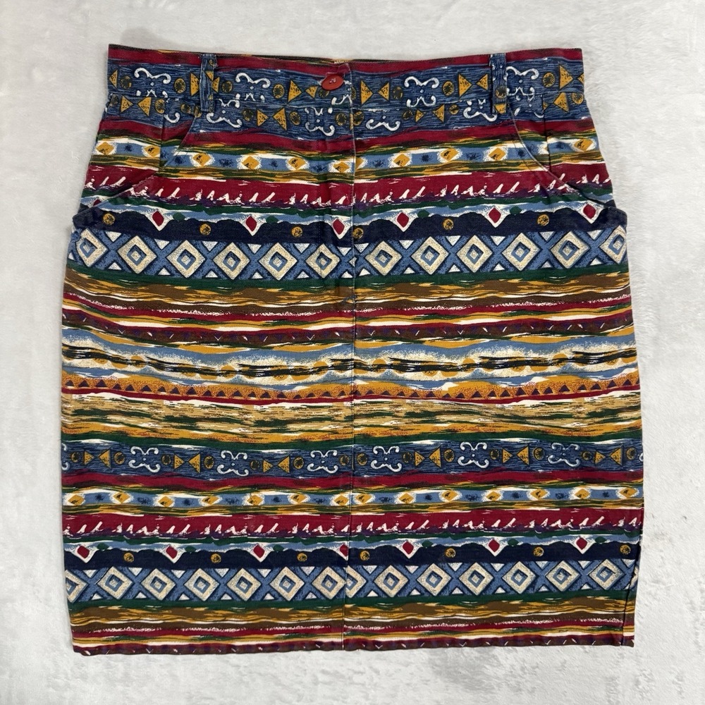 Vintage Western Print Denim Skirt Size 10 12 Boho High Waist Jean Pencil Skirt